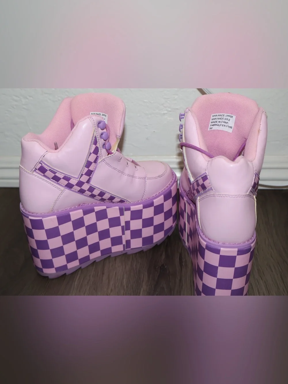 womens YRU pair of pink and purple checkered platform high-top sneakers Size 5
